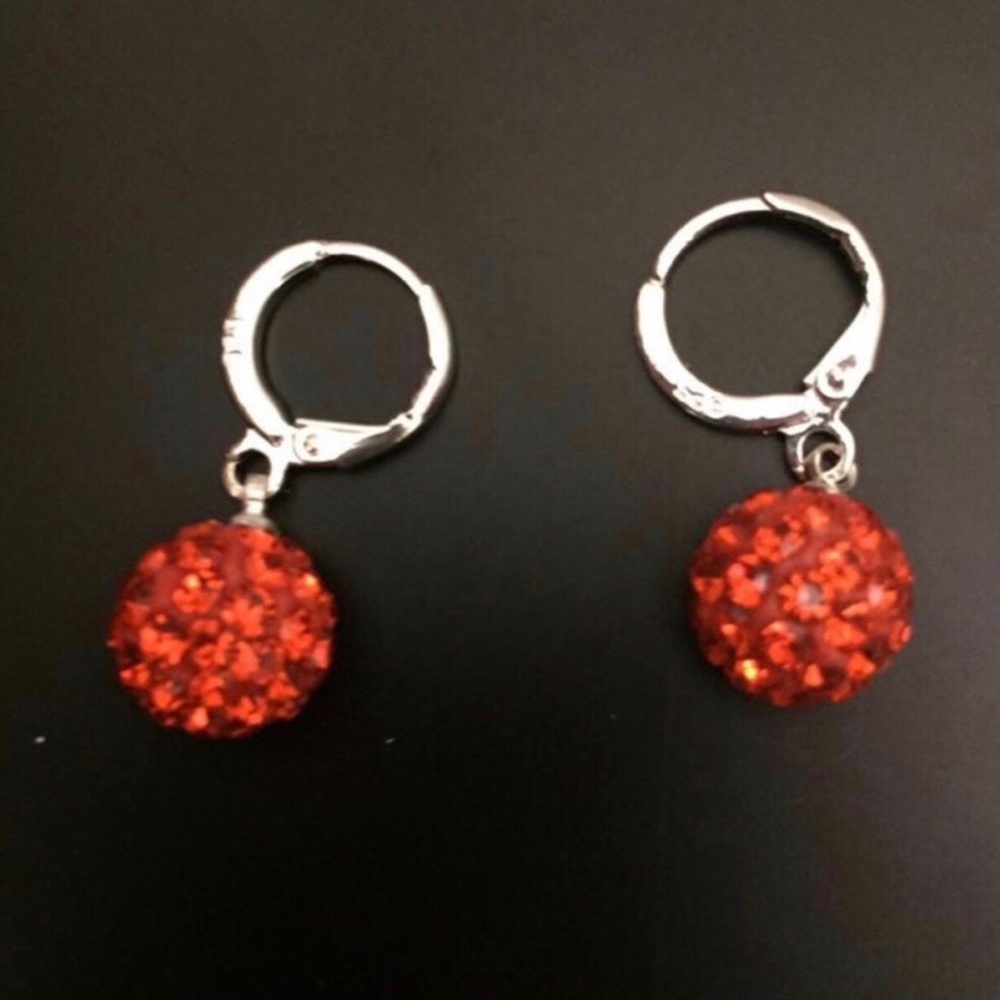 Red Crystal Ball Drop Hoop Earrings , New